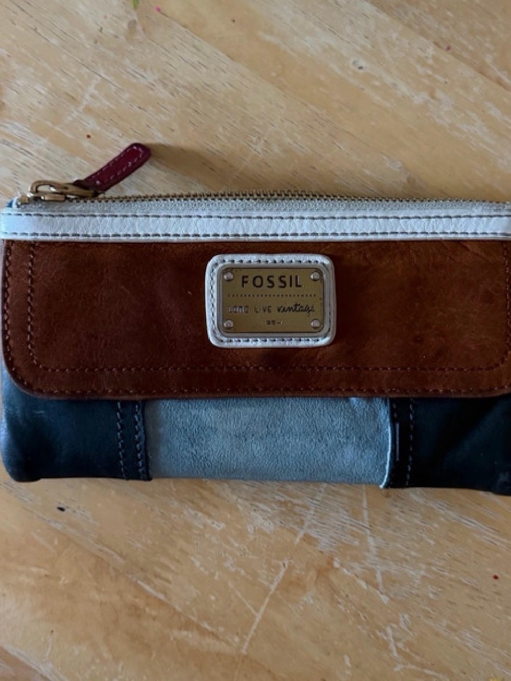 Fossil Tri-Panel Leather Wristlet in Brown, Black & Light Blue with Cream Trim